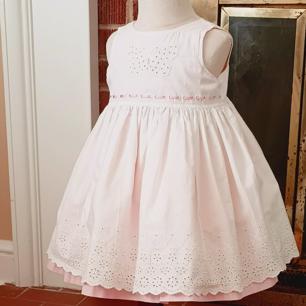 Marks & Spencer Eyelet Dress 12-18m Sleeveless White Pink Floral Butterfly